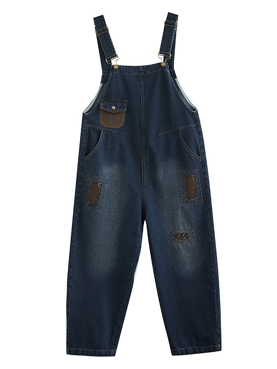 Women Autumn Retro Patchwork Denim Pocket Jumpsuits