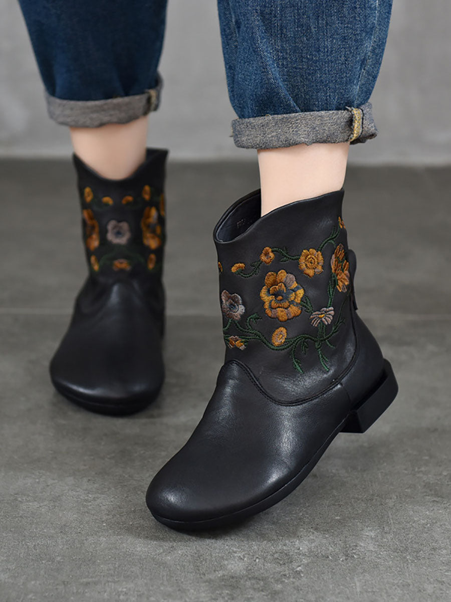 Women Vintage Flower Embroidery Leather Low Heel Boots