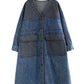 Women Autumn Worn Colorblock Denim Long Coat