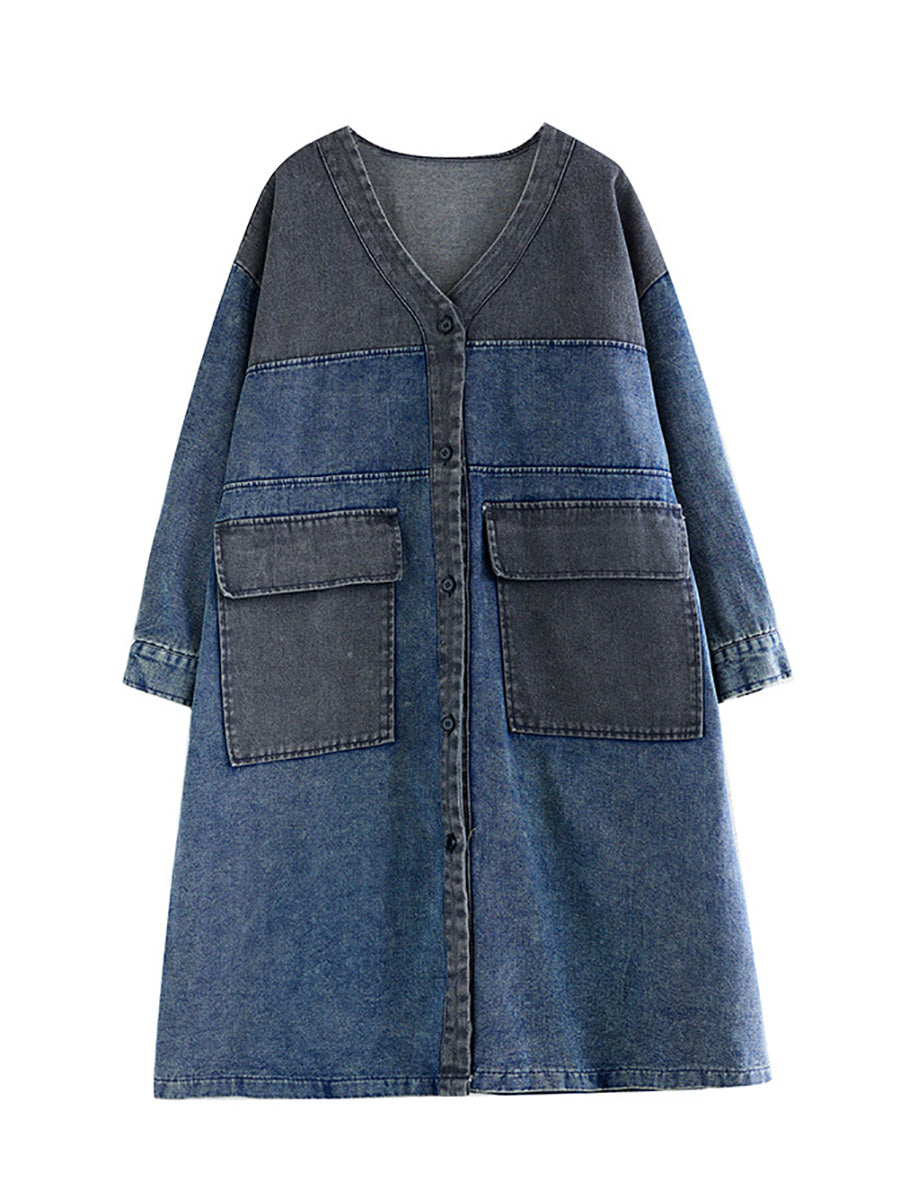 Women Autumn Worn Colorblock Denim Long Coat