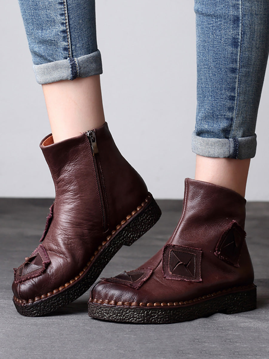 Women Vintage Leather Patch Spliced Ankle Boots