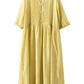 Women Summer Artsy Shirred V-Neck Solid Loose Dress