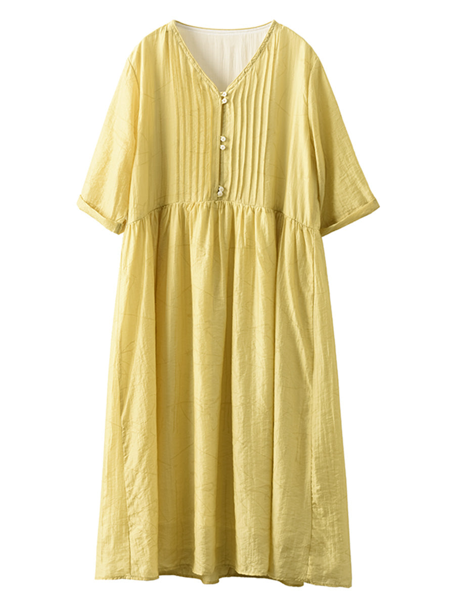 Women Summer Artsy Shirred V-Neck Solid Loose Dress