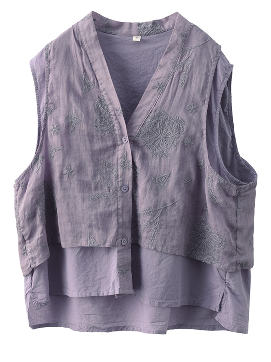 Women Summer Ethnic Embroidery Button-up Spliced Ramie Vest