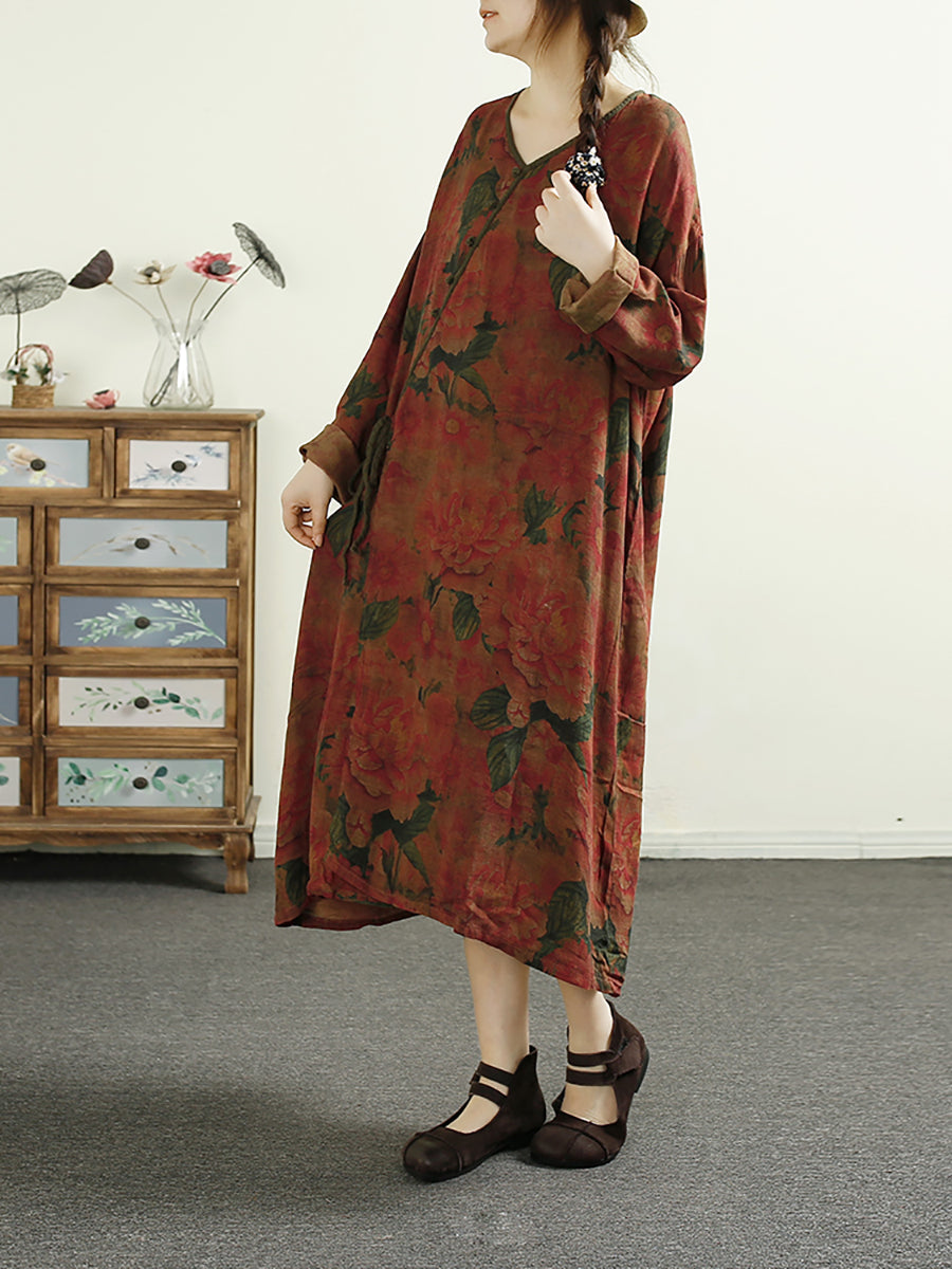 Women Vintage Autumn Flower Strap V-Neck Cotton Dress