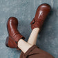 Women Vintage Autumn Soft Leather Buckle Low Heel Boots