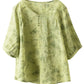 Women Summer Artsy Flower V-Neck Thin Ramie Shirt