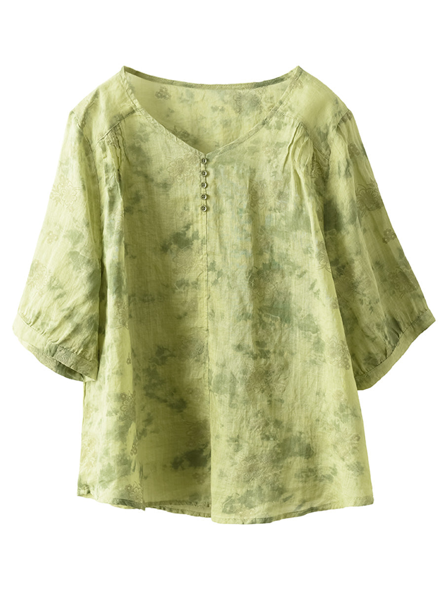 Women Summer Artsy Flower V-Neck Thin Ramie Shirt