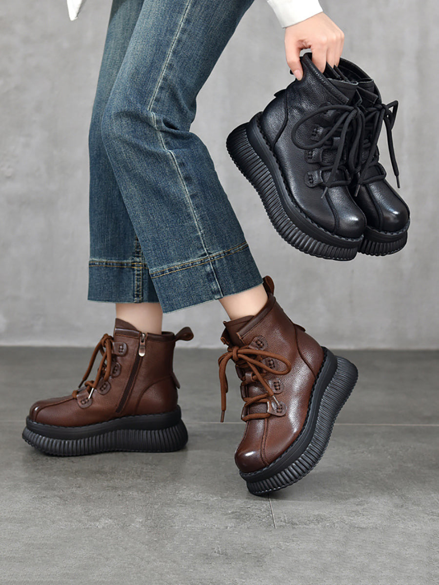 Women Vintage Genuine Leather Fleece-lined Platform Ankle Boots