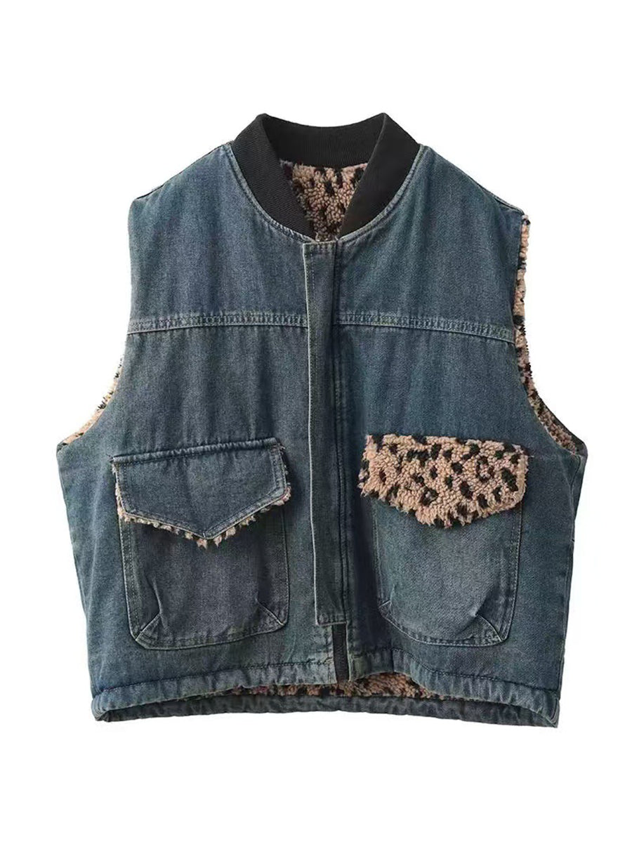 Women Autumn Retro Leopard O-Neck Dual-side Wearing Vest