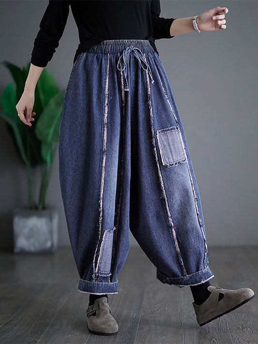 Women Summer Vintage Denim Patch Spliced Harem Pants