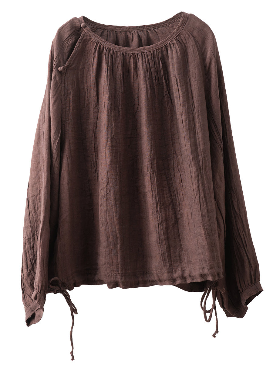 Women Summer Artsy Strap Hem O-Neck Ramie Blouse