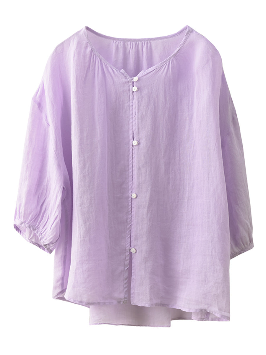 Women Summer Vintage Solid Button O-Neck Thin Ramie Shirt