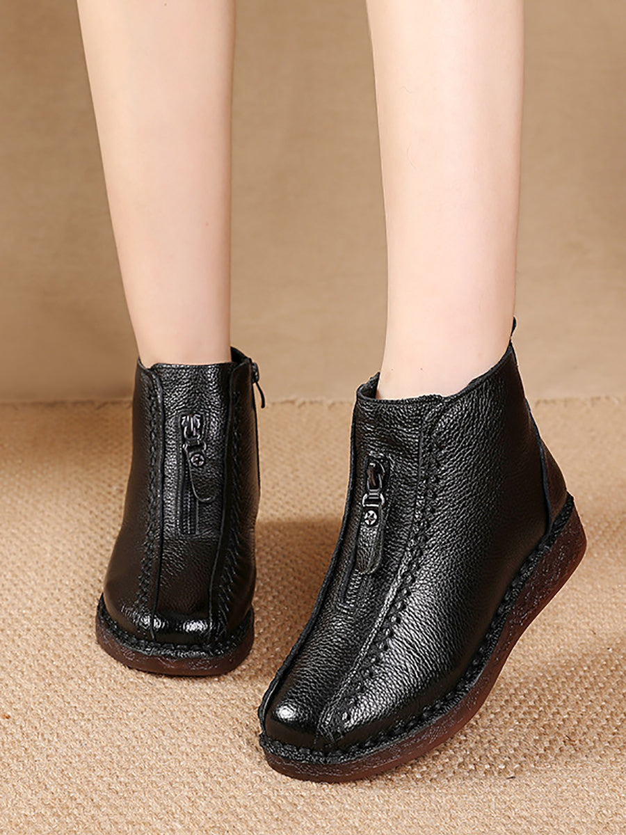 Women Winter Vintage Leather Fleece-lined Low Heel Boots