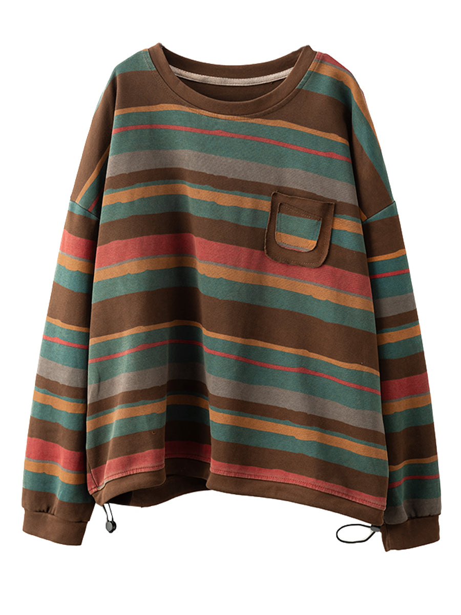 Women Casual Autumn Colorblock Stripe O-Neck Cotton Sweatshirt