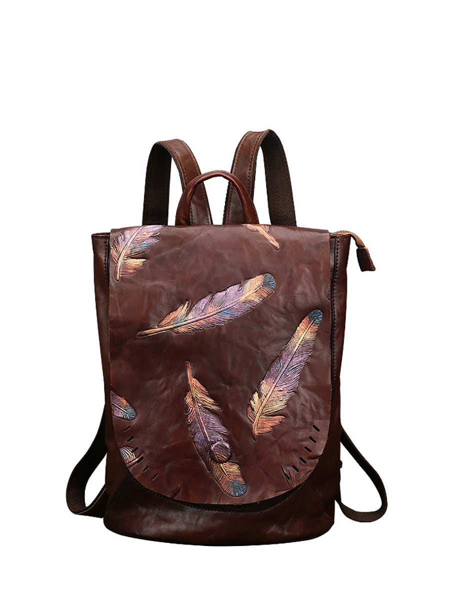 Women Vintage Leather Feather Embossing Backpack