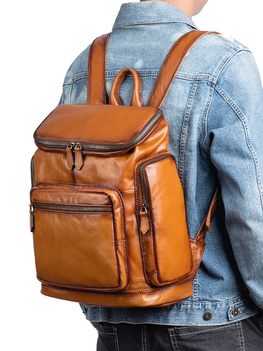 Retro Pure Color Leather Zipper Large Capacity Backpack