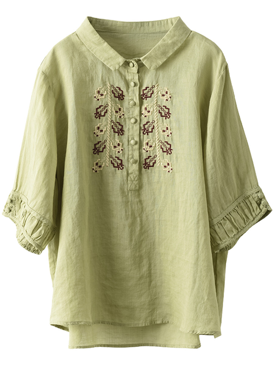 Women Summer Vintage Embroidery Turn-down Collar Ramie Shirt