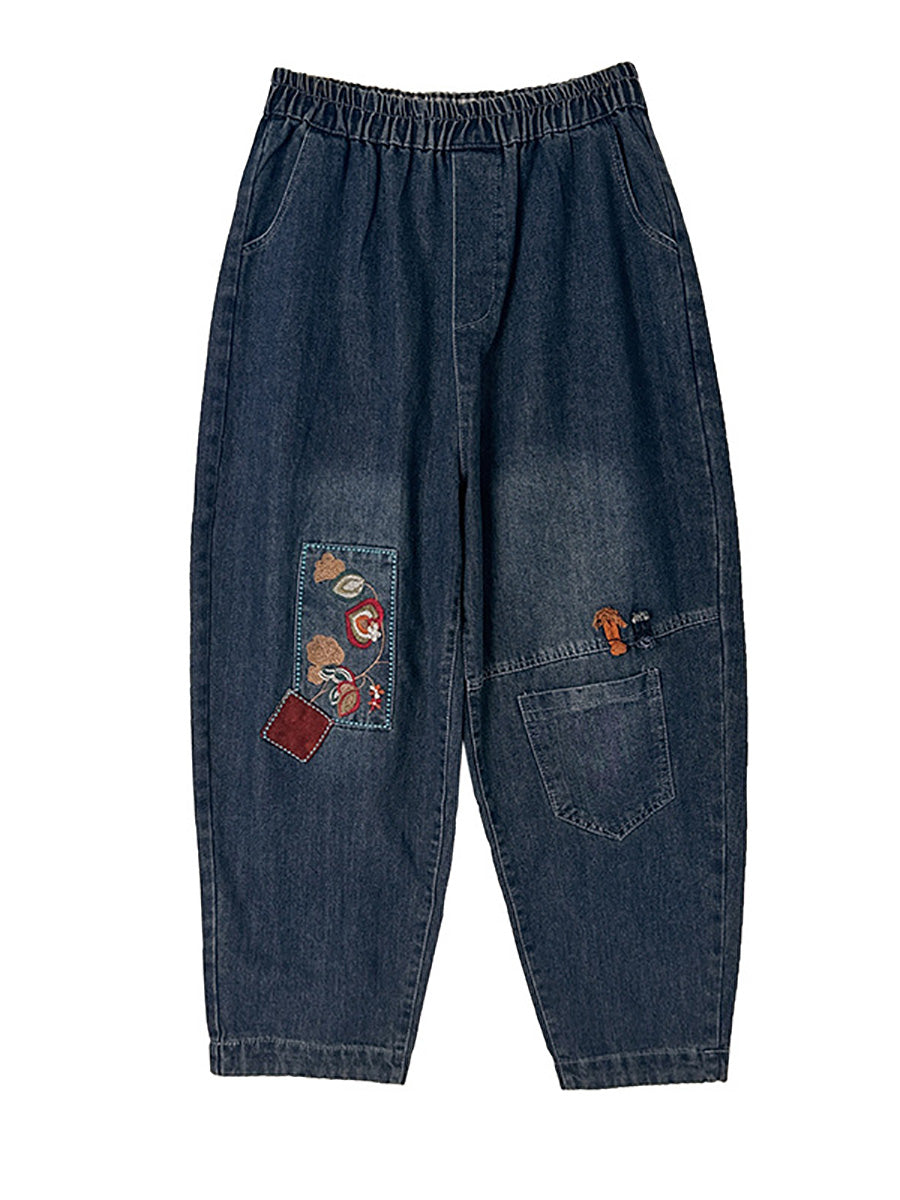 Women Autumn Artsy Embroidery Denim Harem Pants