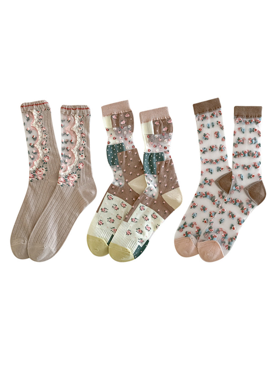 3 Pairs Women Artsy Floral Thin Socks