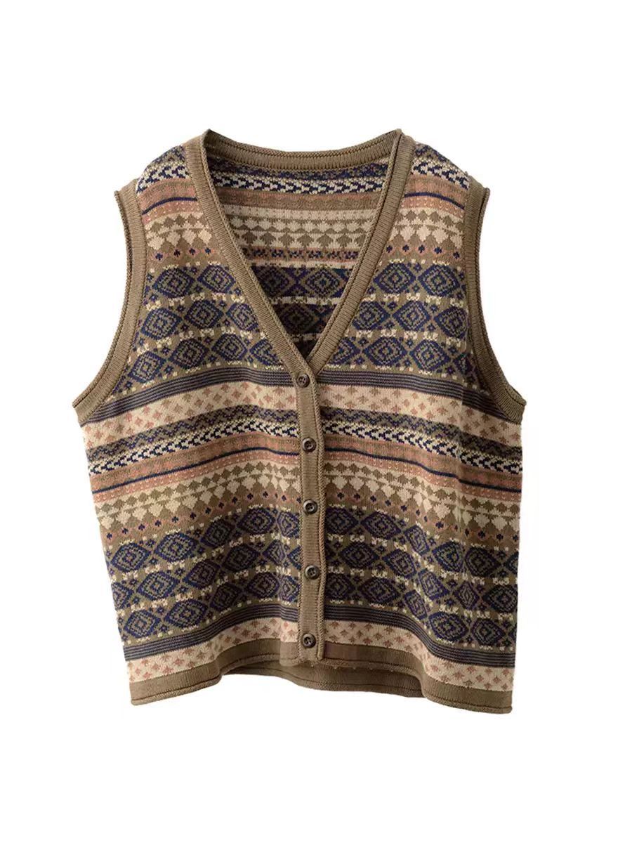 Women Ethnic Stripe V-Neck Cotton Vest