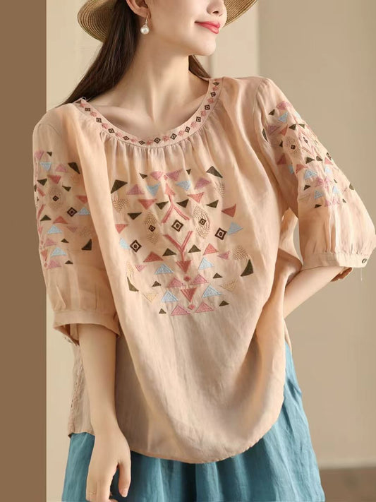 Women Summer Vintage Embroidery O-Neck Loose Ramie Shirt