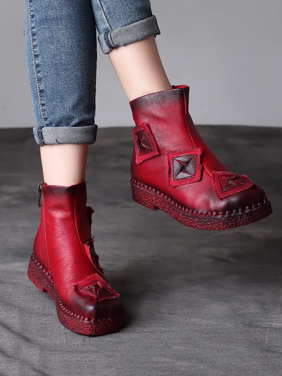 Women Vintage Leather Patch Spliced Ankle Boots