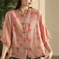 Women Summer Vintage Flower Spliced Button-up Ramie Shirt