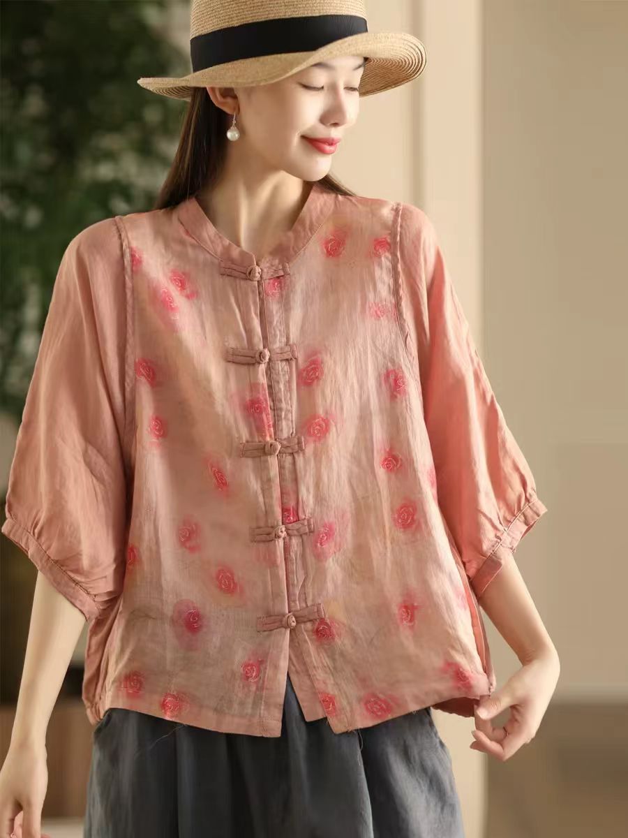 Women Summer Vintage Flower Spliced Button-up Ramie Shirt