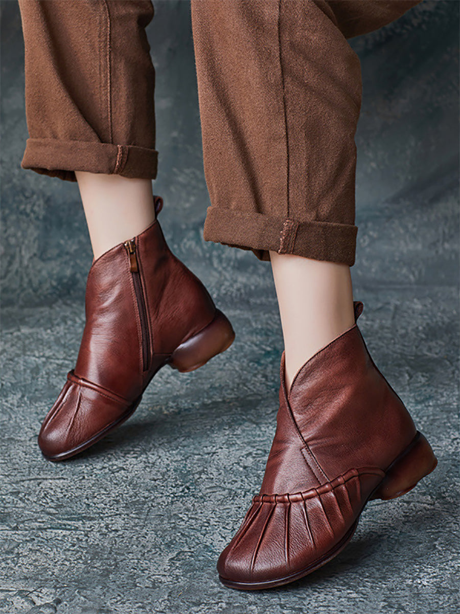 Women Vintage Autumn Shirred Low Heel Ankle Boots