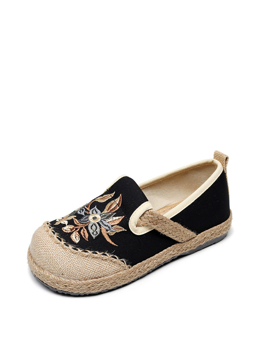 Women Ethnic Flower Embroidery Linen Cotton Flat Shoes