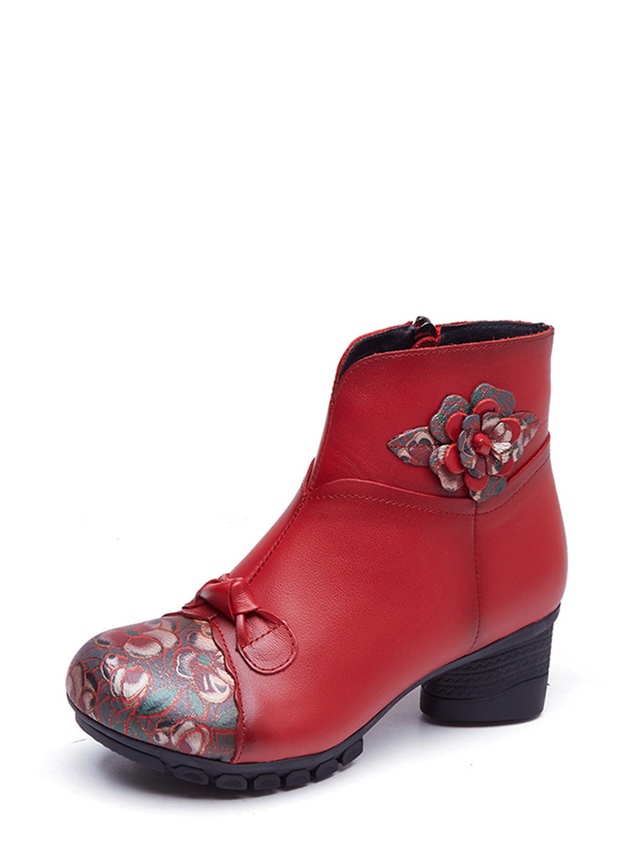 Women Ethnic Autumn Flower Spliced Leather Mid-Heel Boots