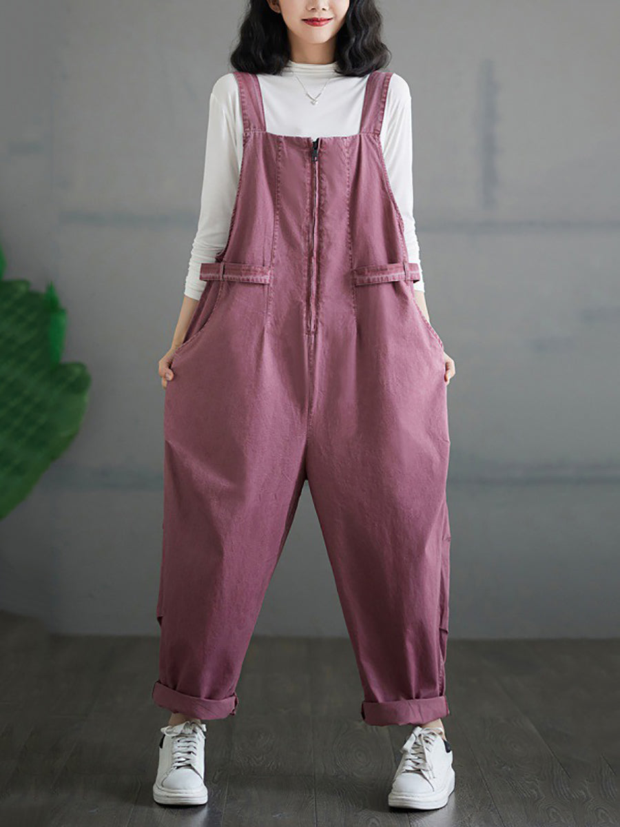 Women Autumn Vintage Zipper Casual Loose Solid Jumpsuits