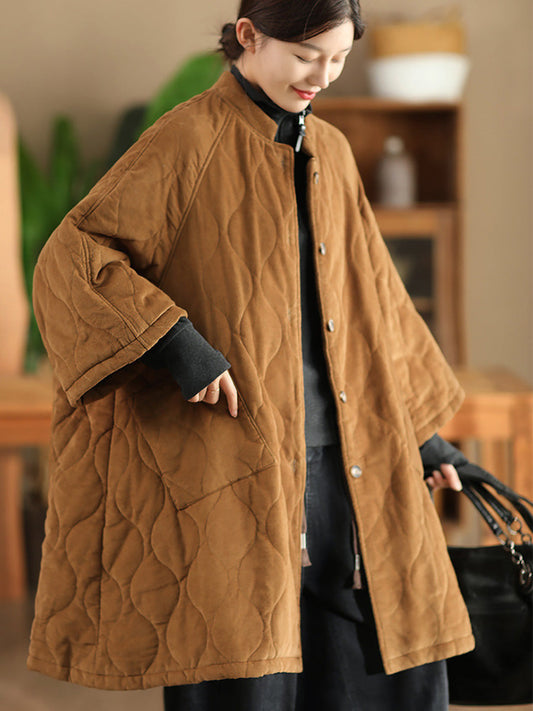 Women Autumn Casual Solid Corduroy Padded Coat