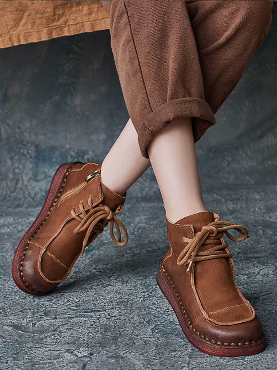 Women Winter Retro Leather Spliced Flat Boots