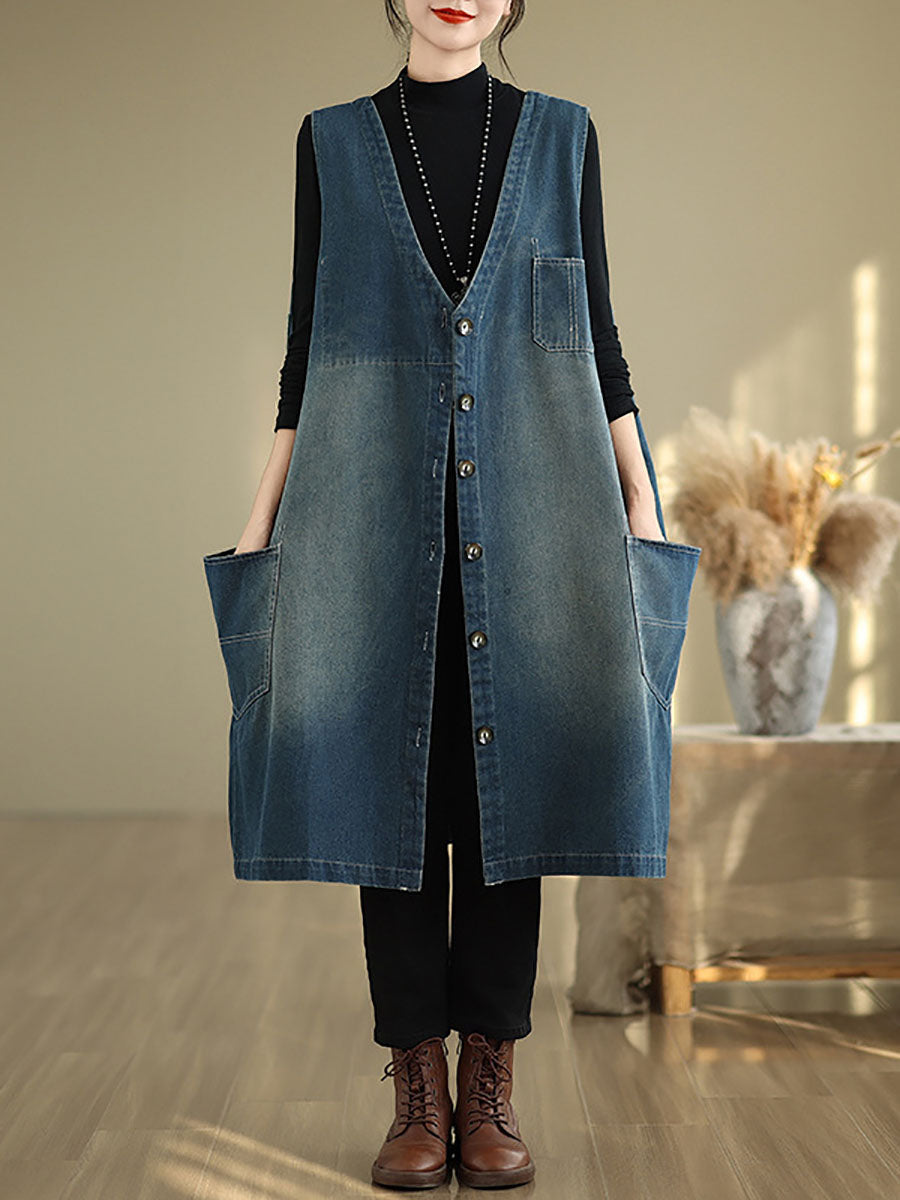 Women Casual Summer Spliced V-Neck Button-up Denim Vest Coat