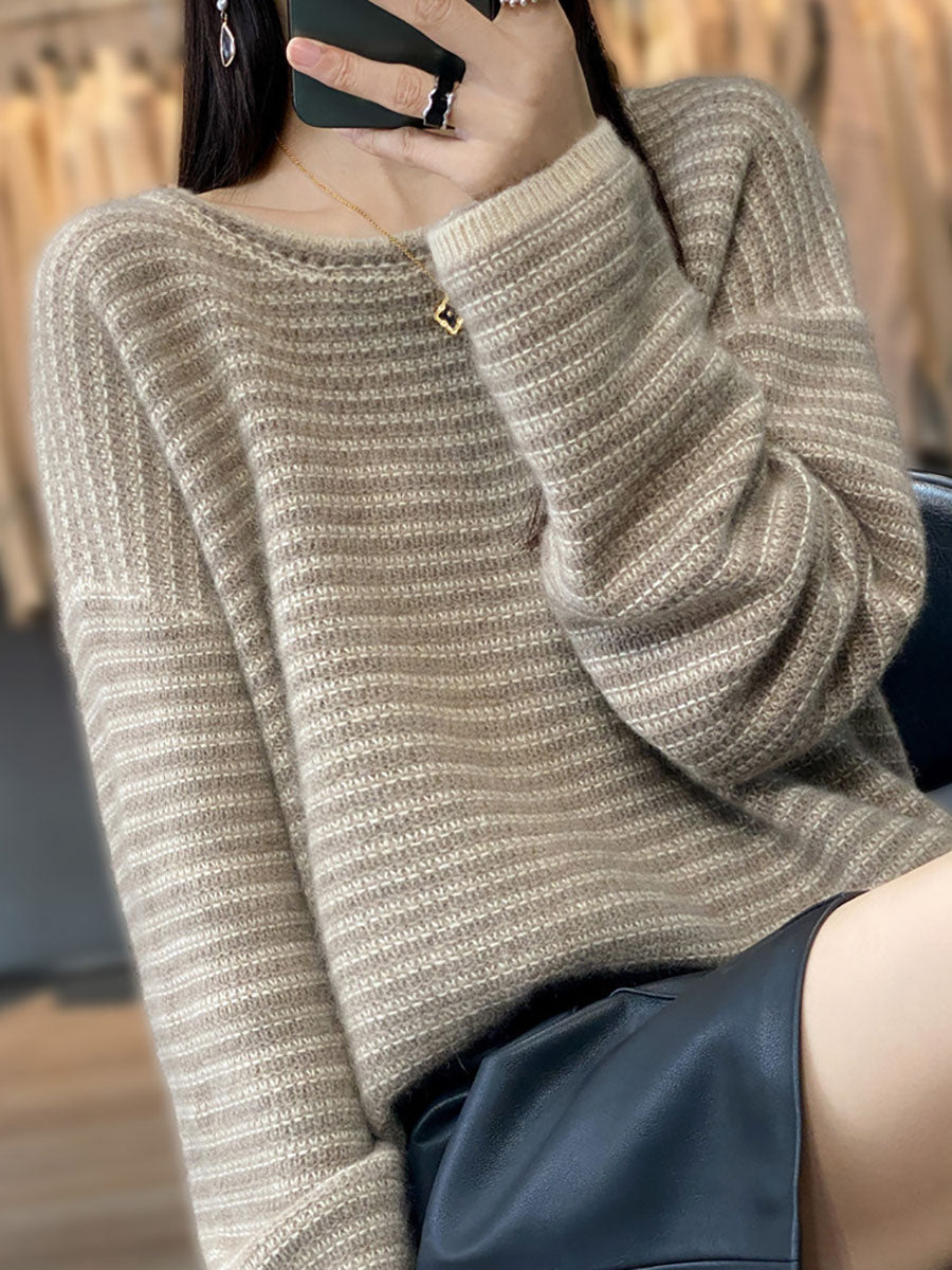 Women Autumn Casual Stripe O-Neck Wool Knit Sweater