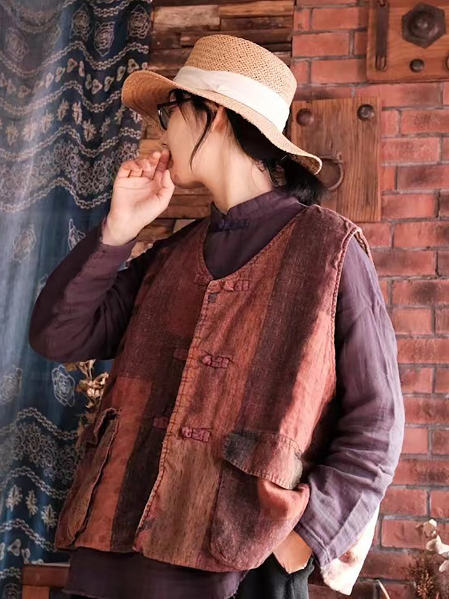 Women Retro Print Linen Cotton Padded Vest