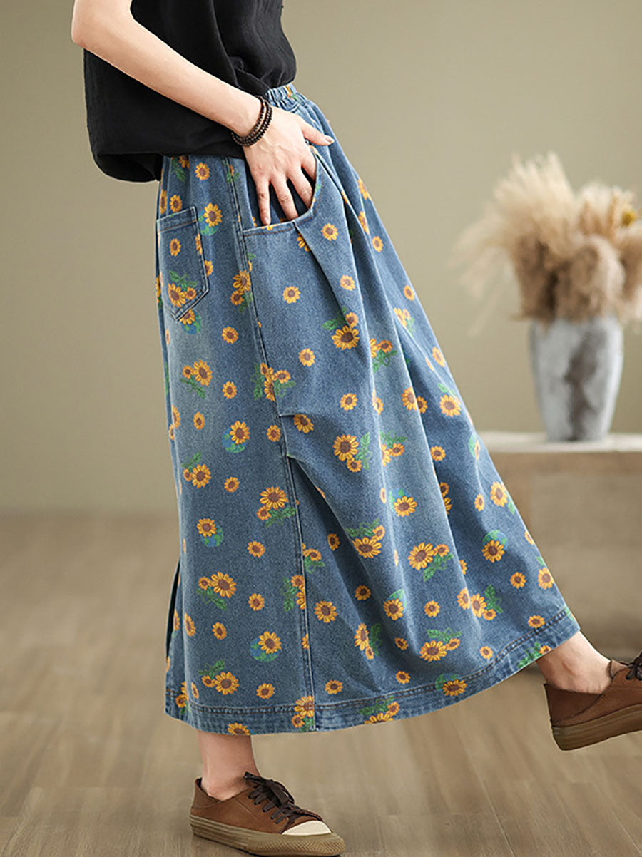 Women Casual Summer Sunflower Print Loose Skirt