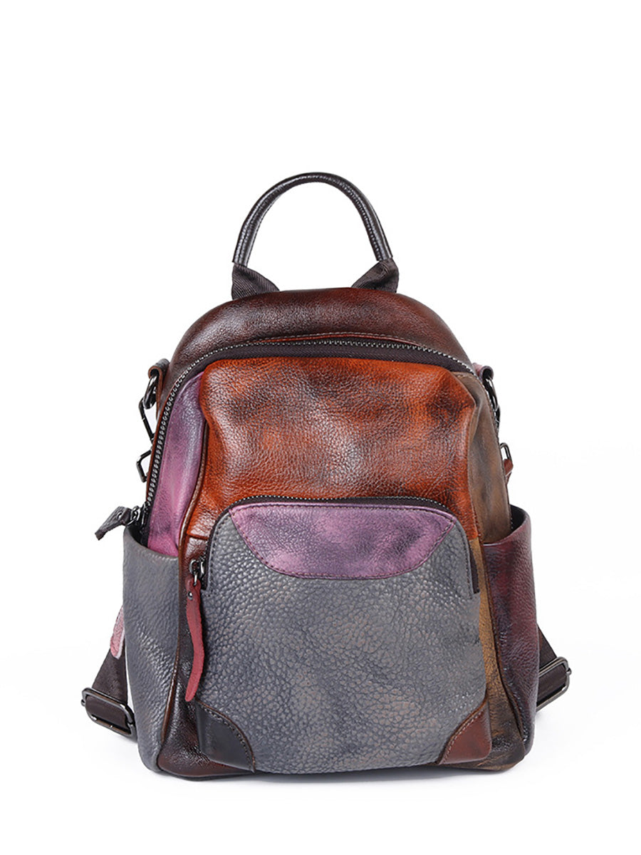 Women Colorblock Hand Painted Outdoor Leather Backpack