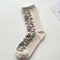 2 Pairs Women Autumn Flower Flocking Cotton Socks