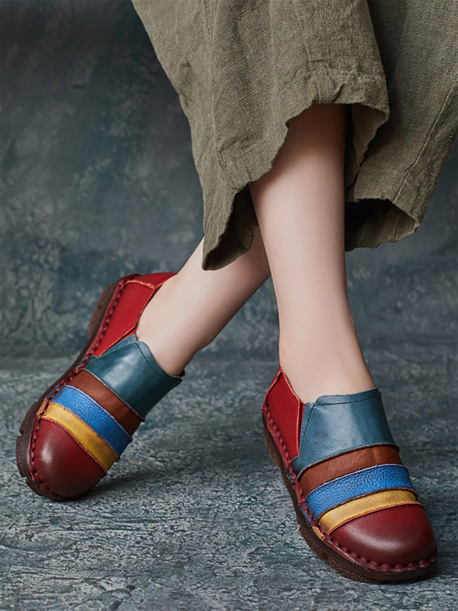 Women Casual Colorblock Leather Spliced Flat Shoes