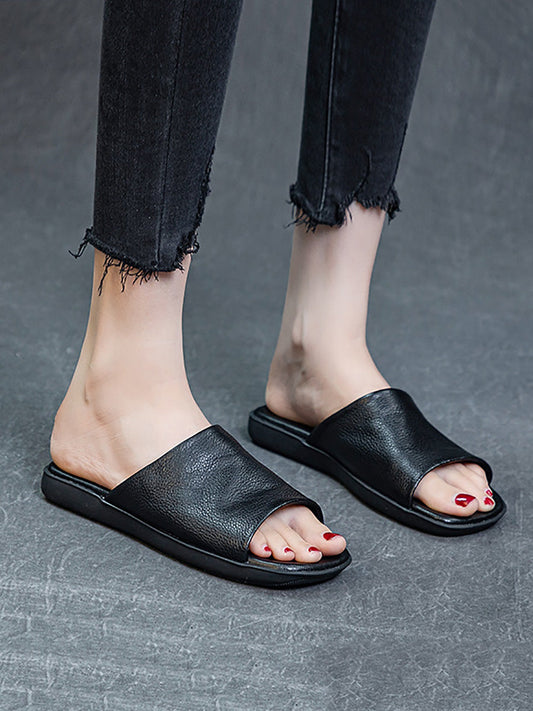 Women Summer Casual Solid Leather Flat Slippers