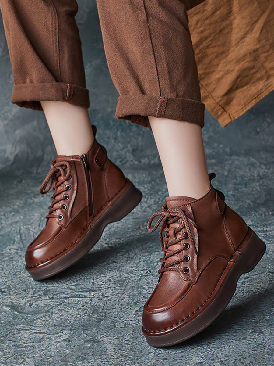 Women Vintage Winter Genuine Leather Low Heel Boots