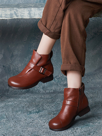 Women Vintage Autumn Soft Leather Buckle Low Heel Boots