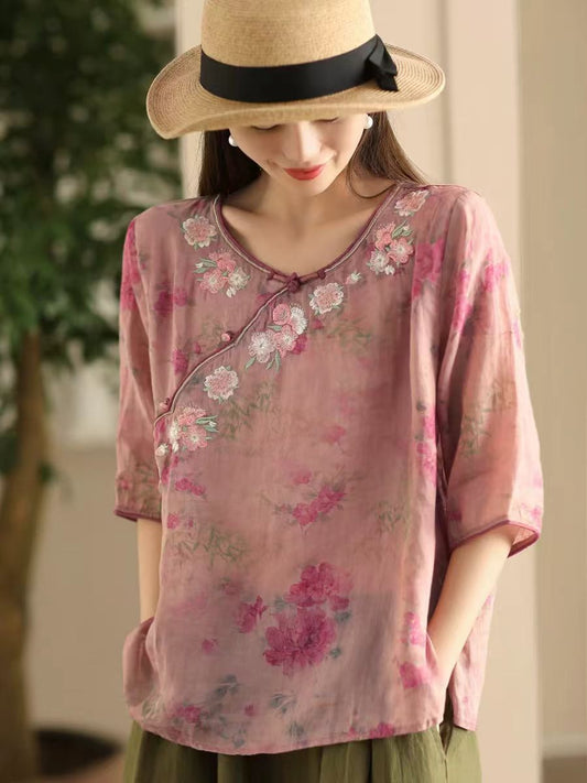 Women Summer Artsy Flower Embroidery O-Neck Shirt