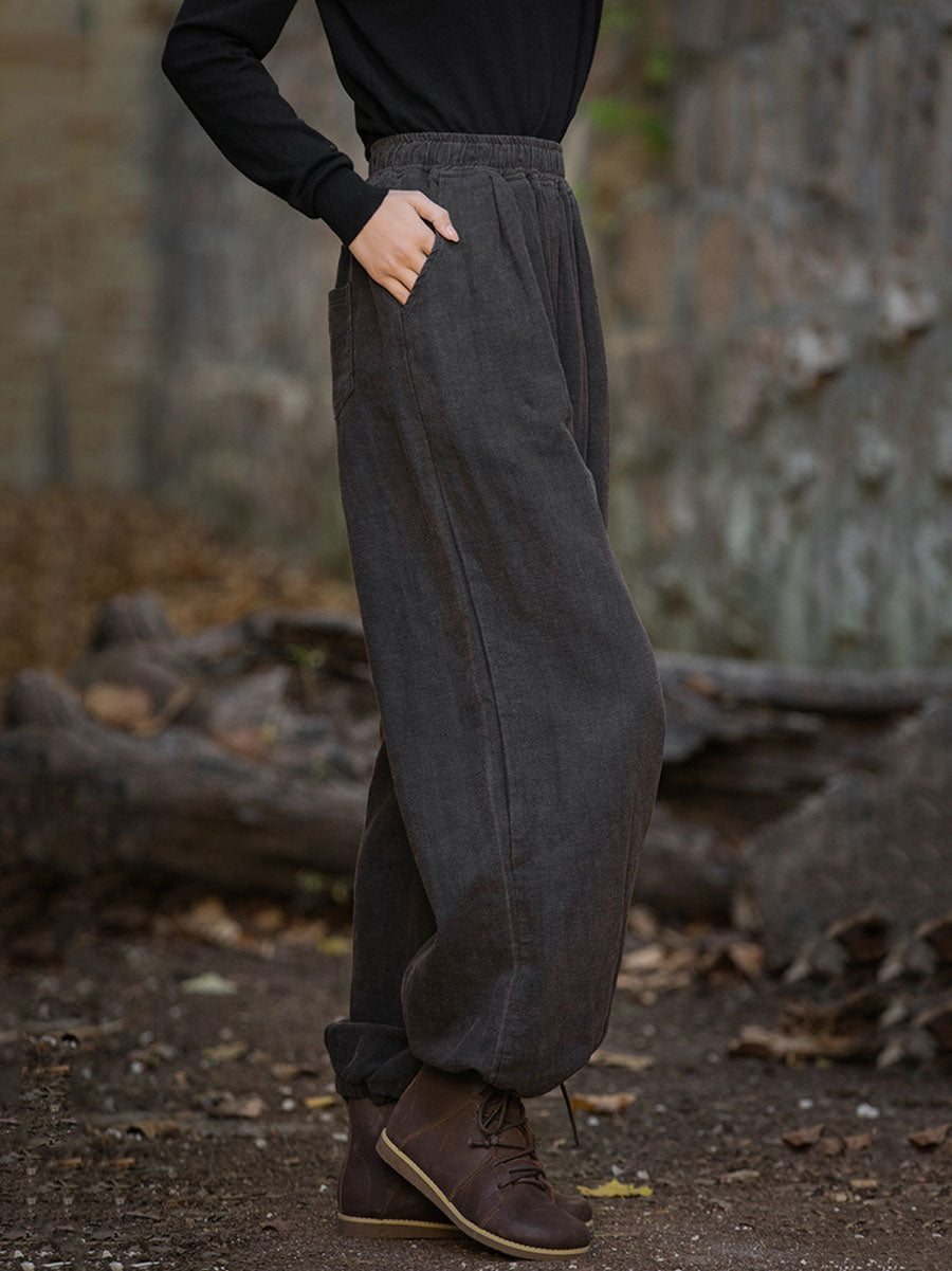 Women Vintage Autumn Solid Loose Ramie Cuffed Pants