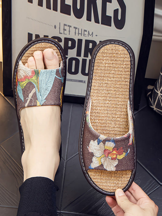 Summer Couple Linen Flower Print Indoor Flat Slippers