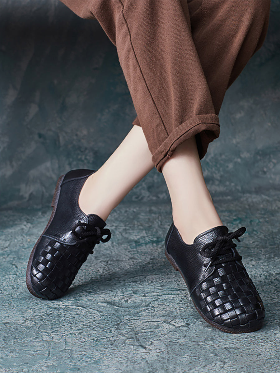 Women Autumn Vintage Soft Leather Waeve Flat Shoes