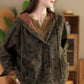 Women Vintage Autumn Flower Button Cotton Linen Hooded Coat